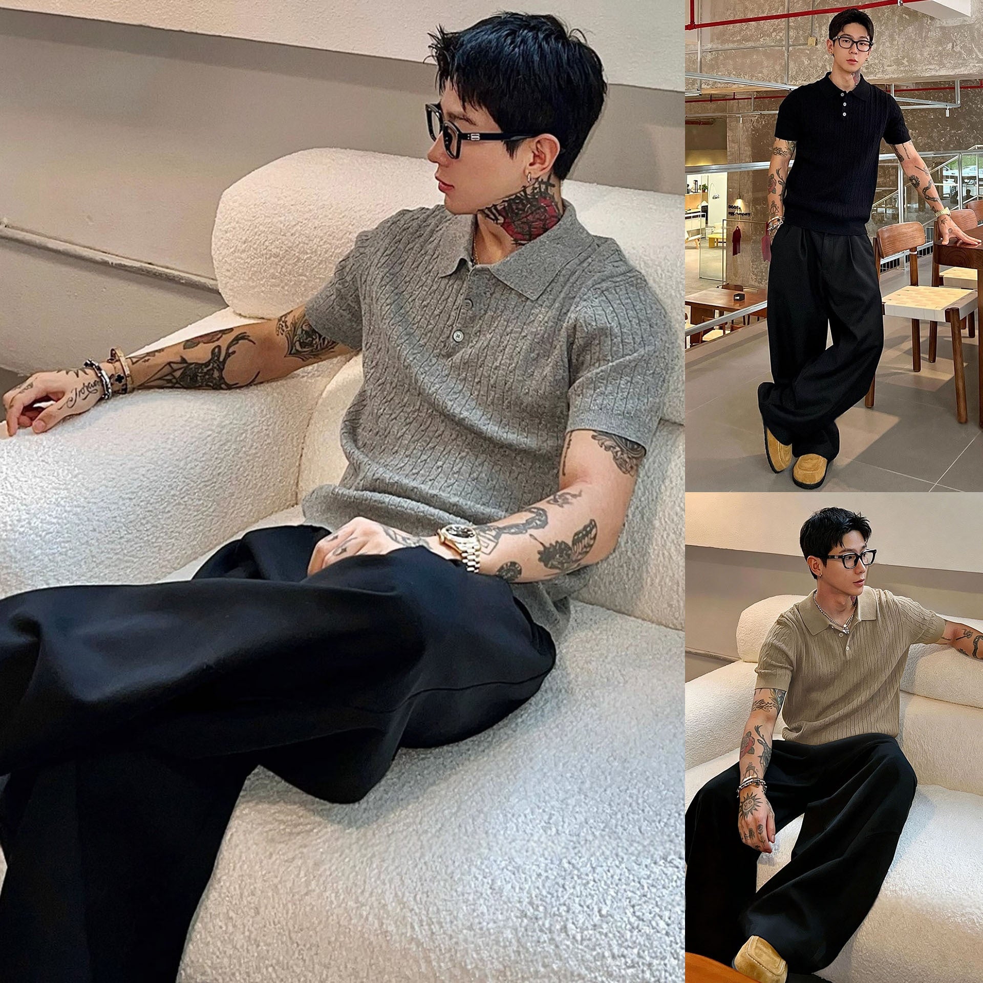 Mens Knitted Short-sleeved T-shirt With A Turn-down Collar And A Textured Cable-